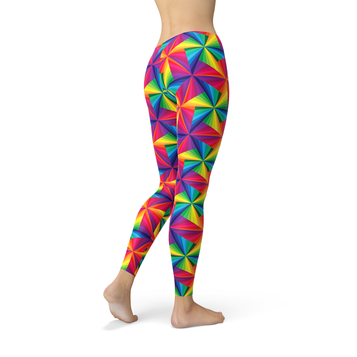 Womens Rainbow Pinwheel Leggings featuring a vibrant pinwheel design, made from breathable and stretchy fabric, perfect for workouts and casual wear.