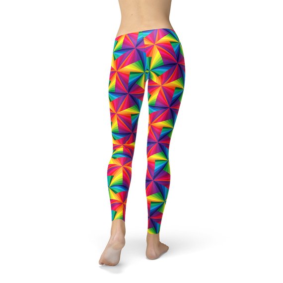 Womens Rainbow Pinwheel Leggings featuring a vibrant pinwheel design, made from breathable and stretchy fabric, perfect for workouts and casual wear.