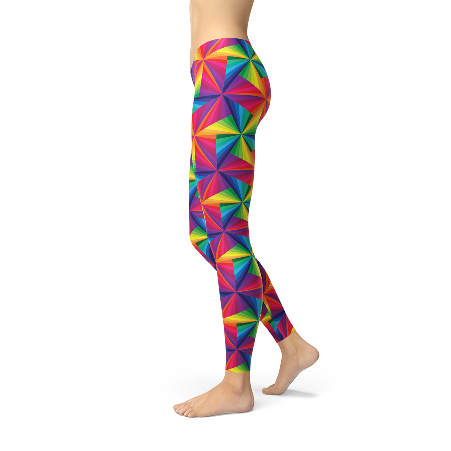 Womens Rainbow Pinwheel Leggings featuring a vibrant pinwheel design, made from breathable and stretchy fabric, perfect for workouts and casual wear.