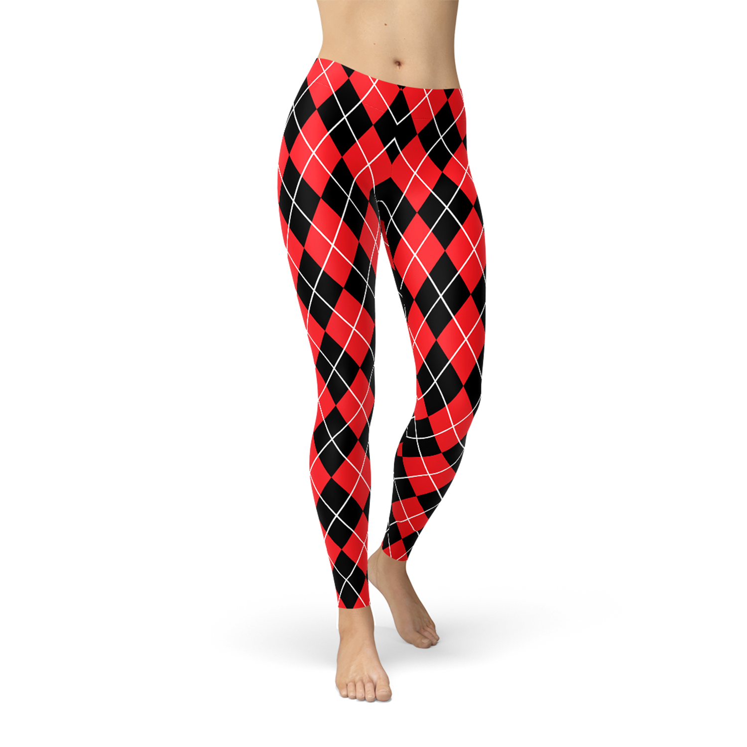 Women's Red Argyle Leggings inspired by Harley Quinn, featuring a vibrant argyle pattern, perfect for workouts and casual wear.