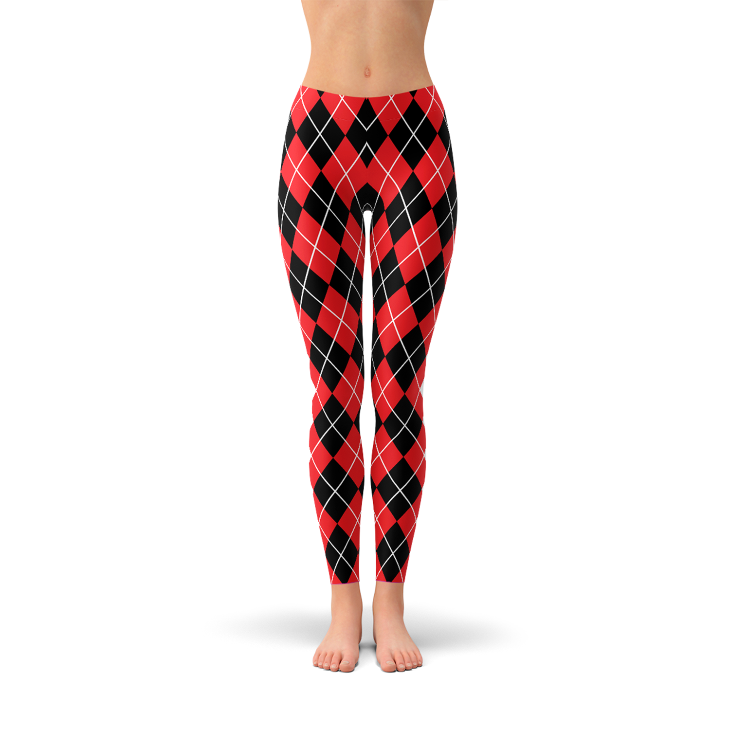 Women's Red Argyle Leggings inspired by Harley Quinn, featuring a vibrant argyle pattern, perfect for workouts and casual wear.