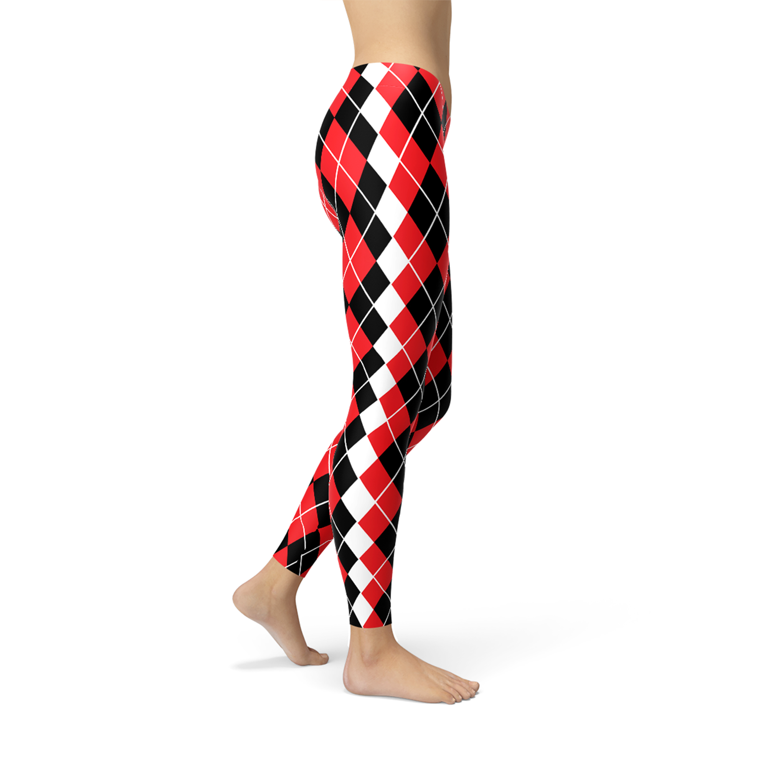 Women's Red Argyle Leggings inspired by Harley Quinn, featuring a vibrant argyle pattern, perfect for workouts and casual wear.