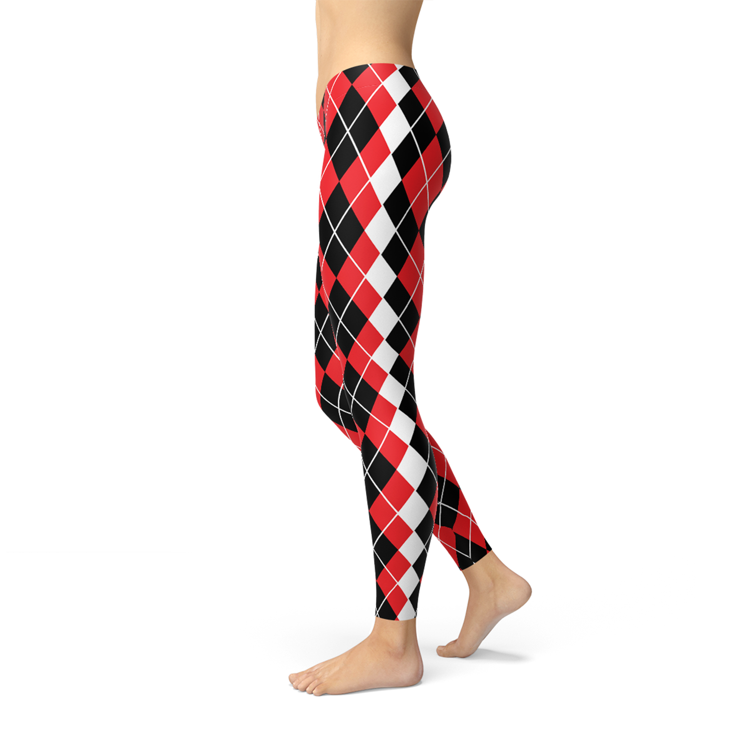 Women's Red Argyle Leggings inspired by Harley Quinn, featuring a vibrant argyle pattern, perfect for workouts and casual wear.