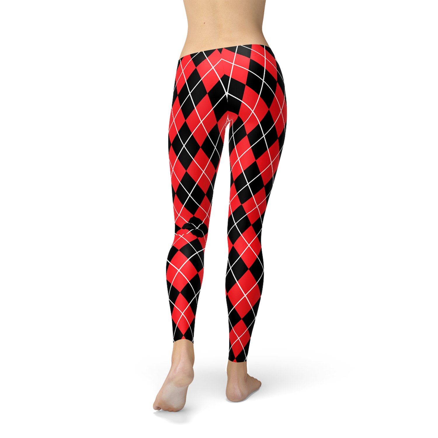 Women's Red Argyle Leggings inspired by Harley Quinn, featuring a vibrant argyle pattern, perfect for workouts and casual wear.