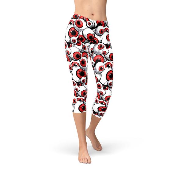 Womens Red Eye Balls Capri Leggings featuring vibrant graphic design, perfect for workouts and casual wear.