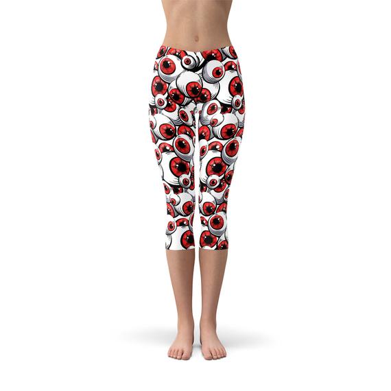 Womens Red Eye Balls Capri Leggings featuring vibrant graphic design, perfect for workouts and casual wear.