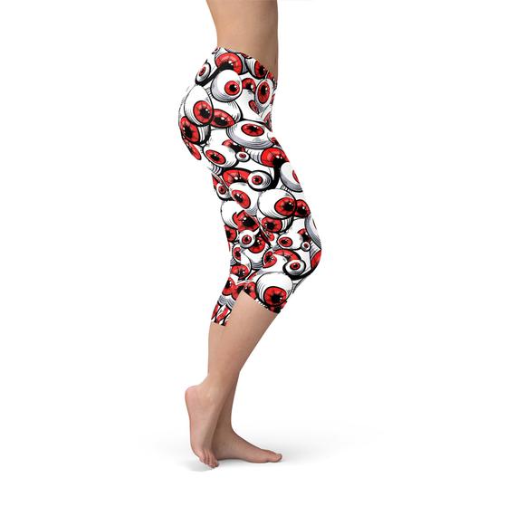 Womens Red Eye Balls Capri Leggings featuring vibrant graphic design, perfect for workouts and casual wear.