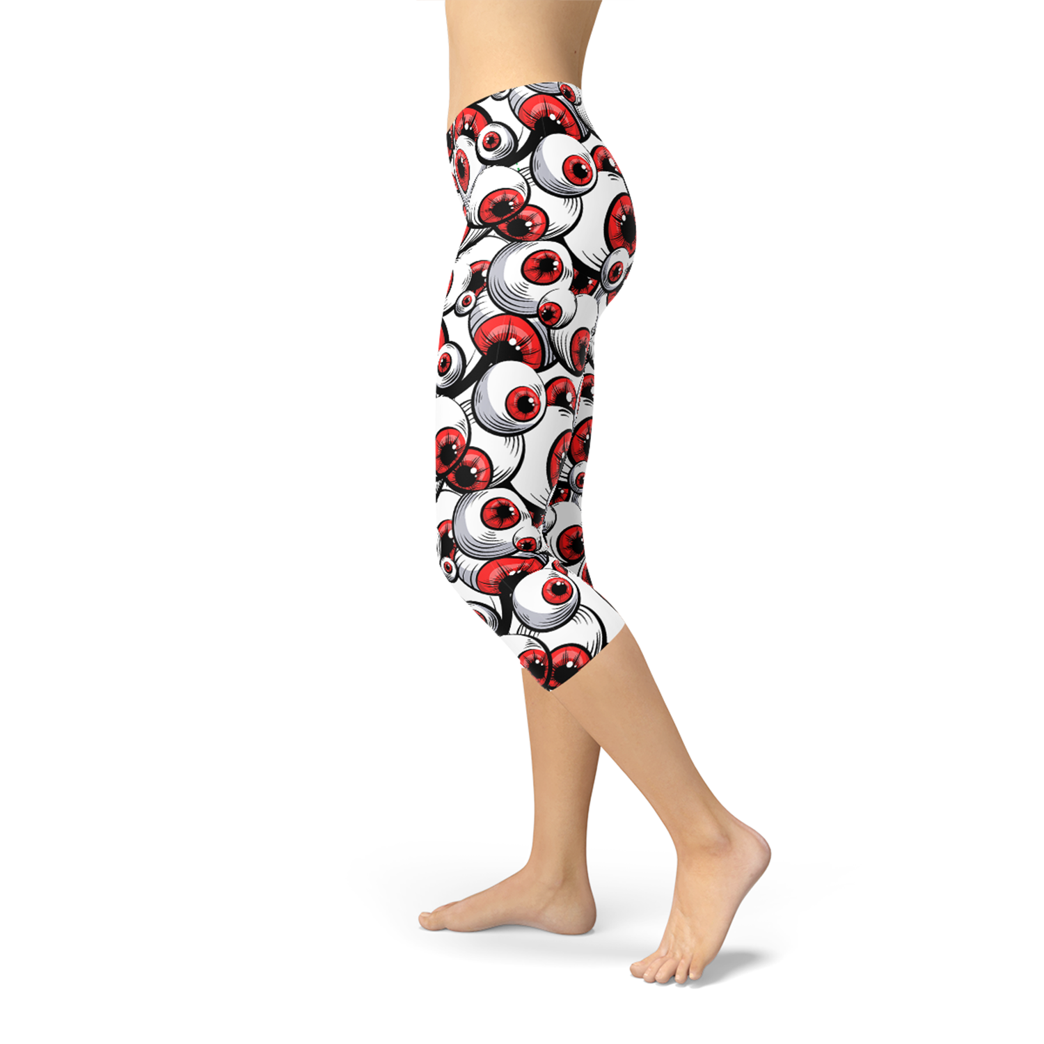 Womens Red Eye Balls Capri Leggings featuring vibrant graphic design, perfect for workouts and casual wear.