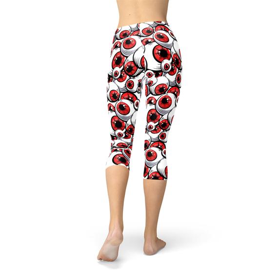 Womens Red Eye Balls Capri Leggings featuring vibrant graphic design, perfect for workouts and casual wear.