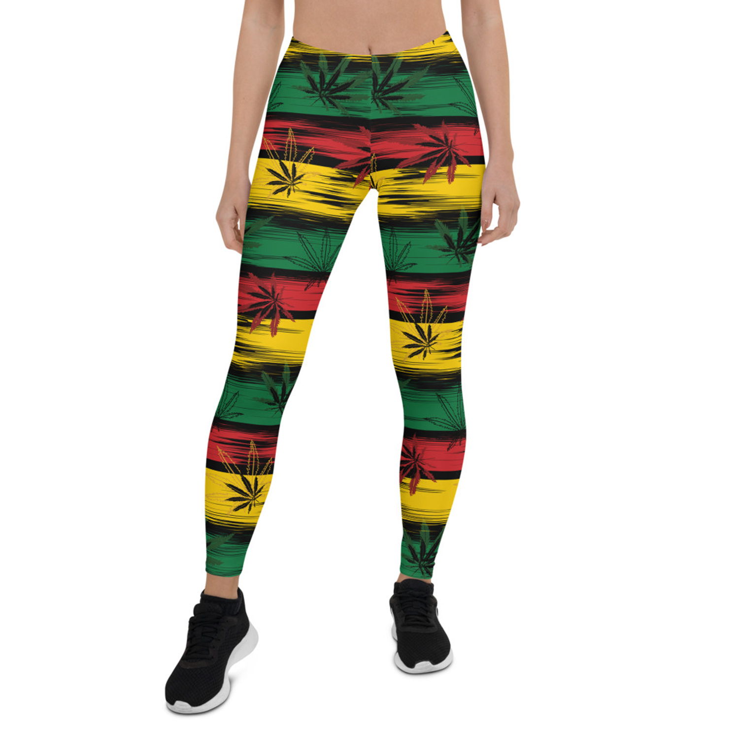 Womens Reggae and Cannabis Leggings featuring vibrant colors and unique designs, perfect for workouts and casual wear.