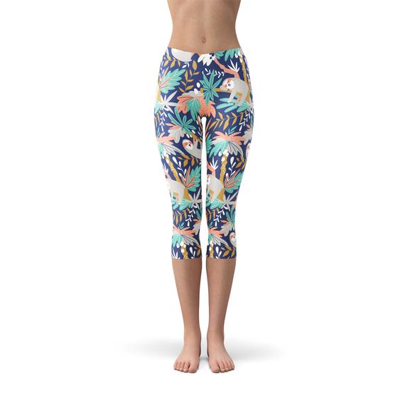 A pair of Women's Sloth Capri Leggings featuring vibrant sloth graphics, designed for comfort and performance, showcasing a four-way stretch fabric.