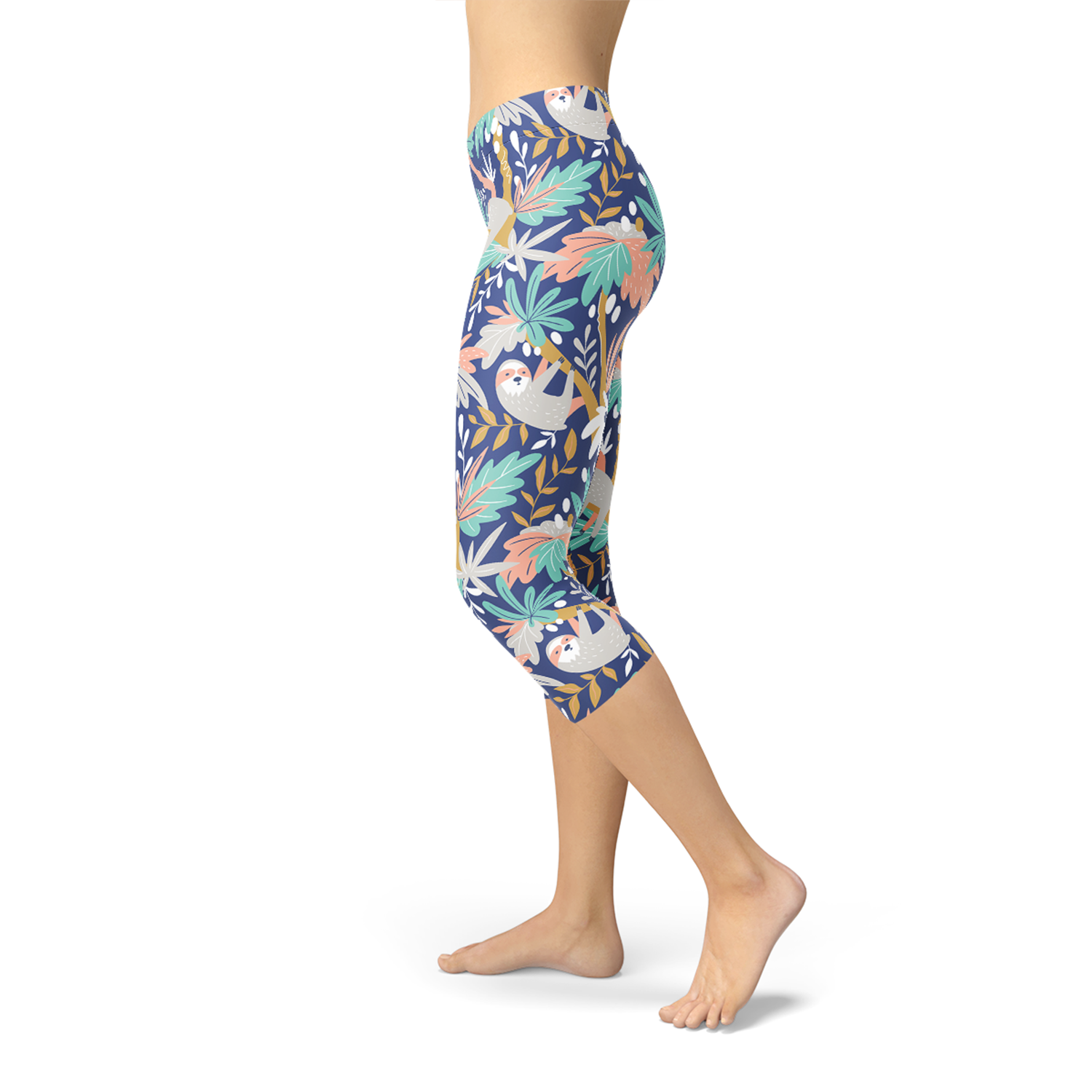 A pair of Women's Sloth Capri Leggings featuring vibrant sloth graphics, designed for comfort and performance, showcasing a four-way stretch fabric.