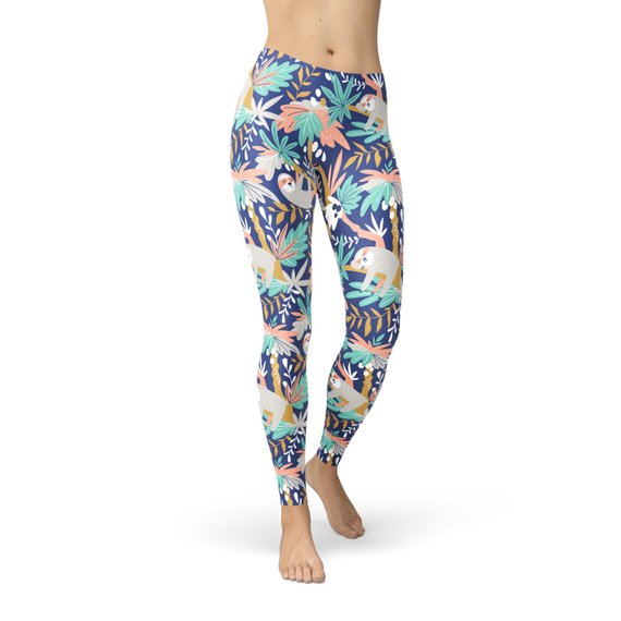 A pair of women's sloth leggings featuring a colorful and unique sloth graphic design, perfect for workouts or casual wear.