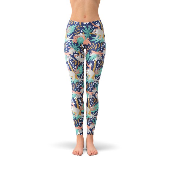 A pair of women's sloth leggings featuring a colorful and unique sloth graphic design, perfect for workouts or casual wear.