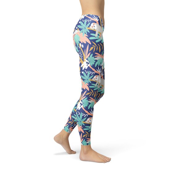 A pair of women's sloth leggings featuring a colorful and unique sloth graphic design, perfect for workouts or casual wear.