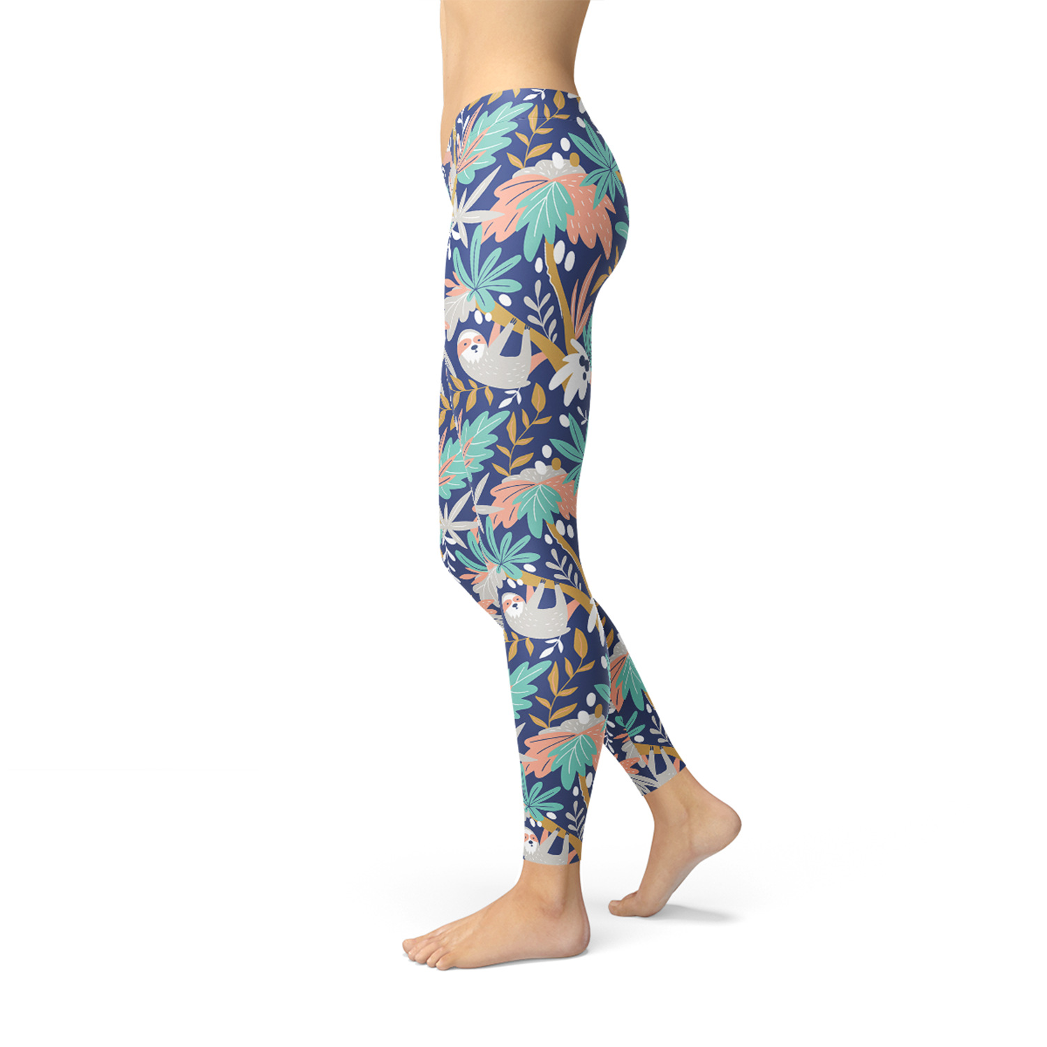 A pair of women's sloth leggings featuring a colorful and unique sloth graphic design, perfect for workouts or casual wear.