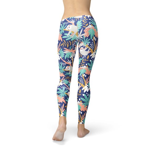 A pair of women's sloth leggings featuring a colorful and unique sloth graphic design, perfect for workouts or casual wear.