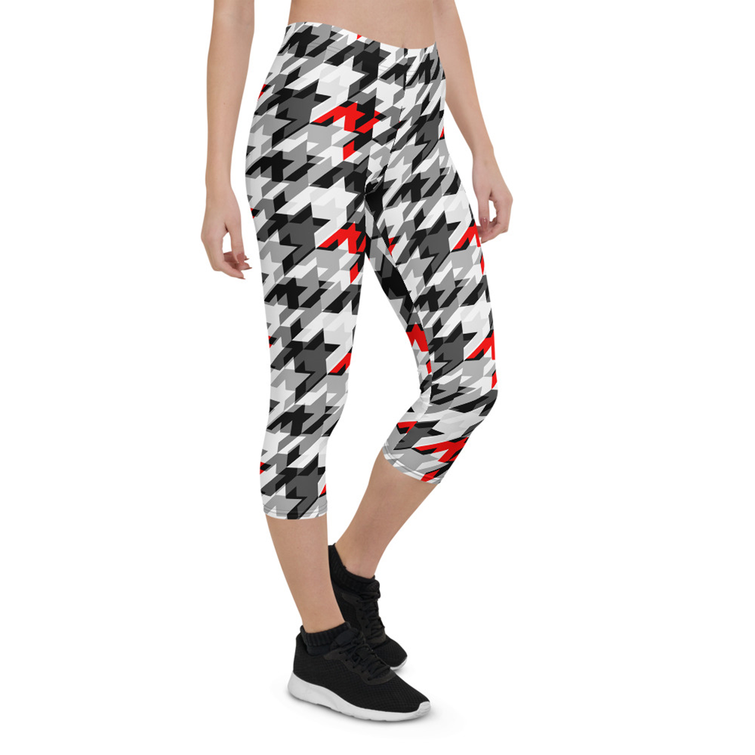 Women's Sports Houndstooth Capri Leggings featuring a unique houndstooth pattern, designed for comfort and performance during workouts.