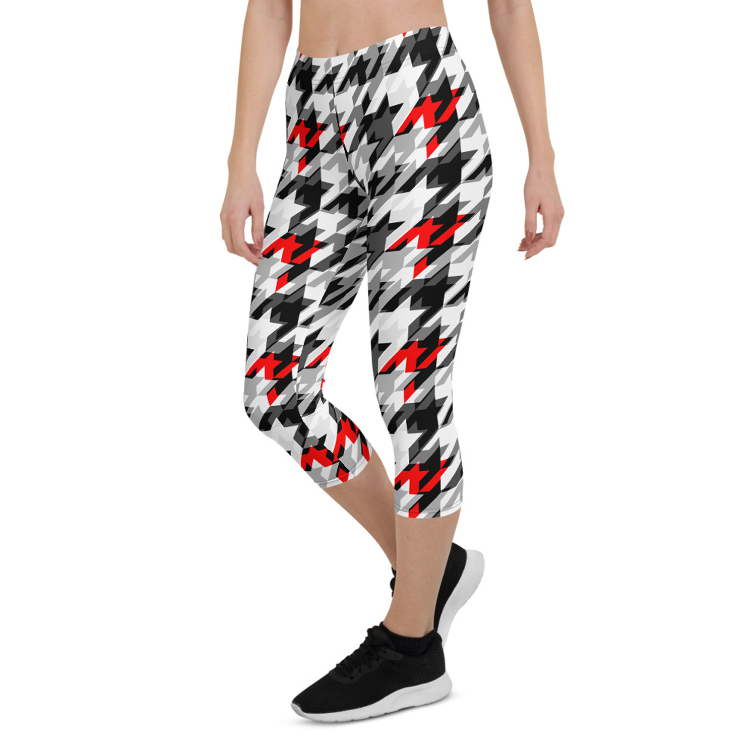 Women's Sports Houndstooth Capri Leggings featuring a unique houndstooth pattern, designed for comfort and performance during workouts.