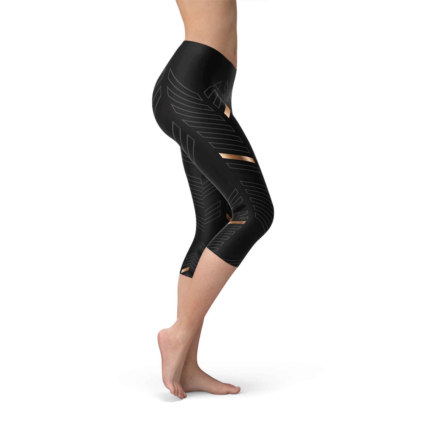 A pair of Women's Sports Stripes Black Capri Leggings featuring a unique graphic design, made from a high-performance fabric blend for comfort and flexibility.