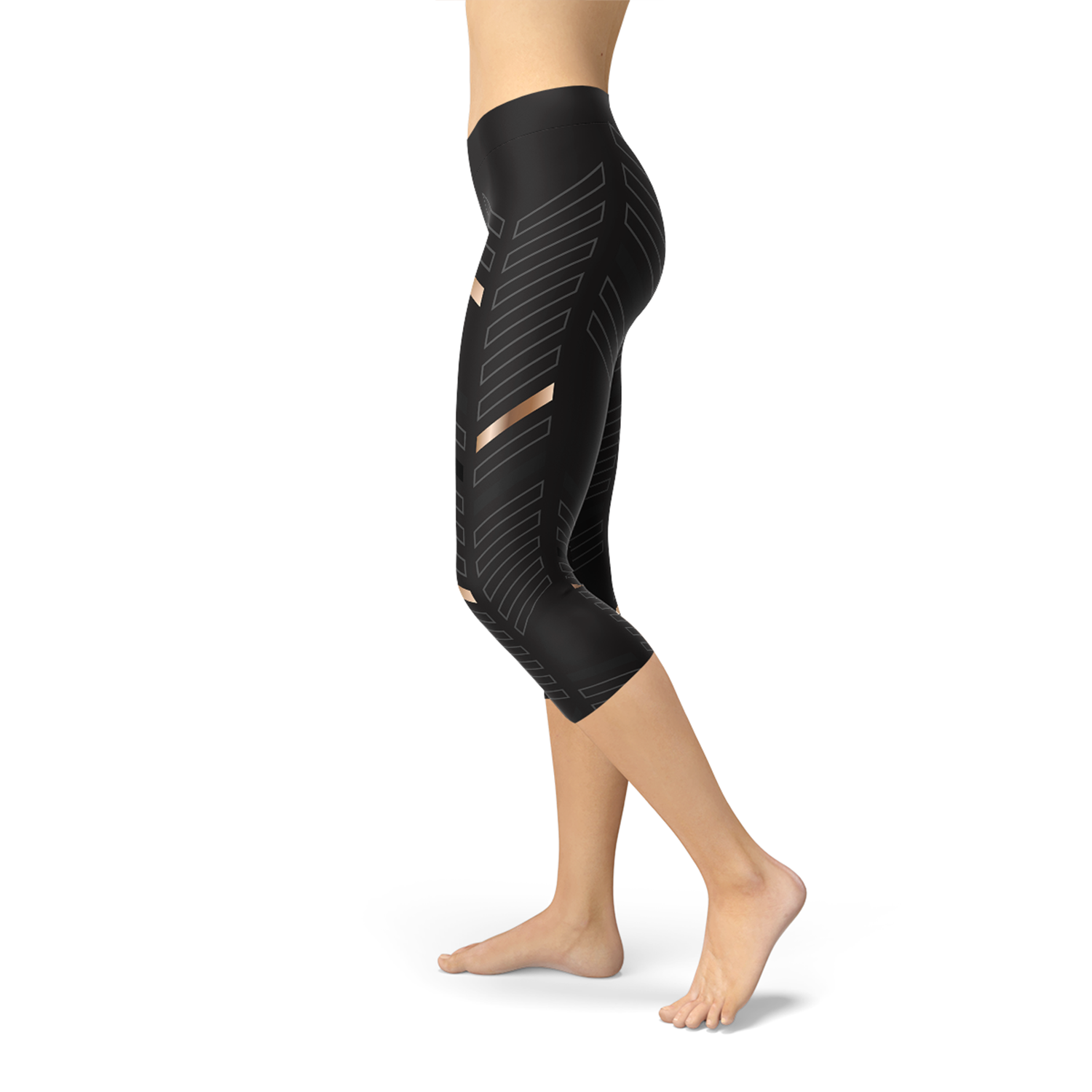 A pair of Women's Sports Stripes Black Capri Leggings featuring a unique graphic design, made from a high-performance fabric blend for comfort and flexibility.