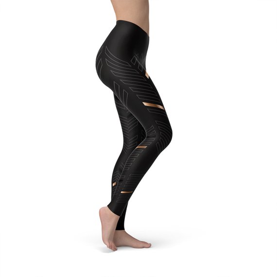 Womens Sports Stripes Black Leggings featuring unique graphic designs, made from breathable and stretchy fabric, perfect for workouts and casual wear.