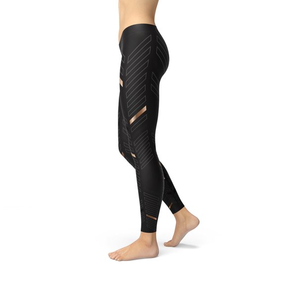 Womens Sports Stripes Black Leggings featuring unique graphic designs, made from breathable and stretchy fabric, perfect for workouts and casual wear.