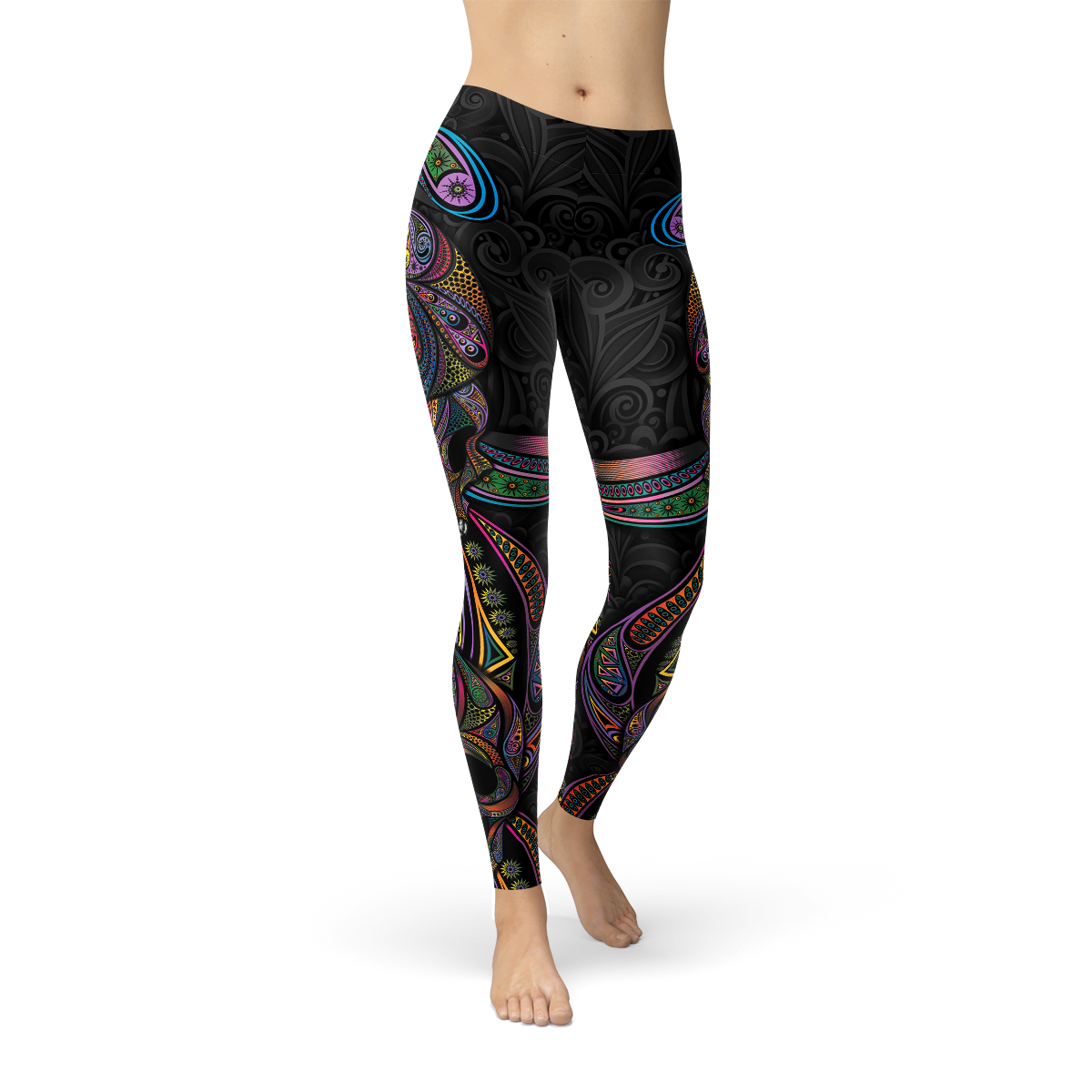 A pair of vibrant Womens Sugar Skull Leggings featuring colorful skull designs, perfect for workouts and casual wear, showcasing a unique and stylish look.