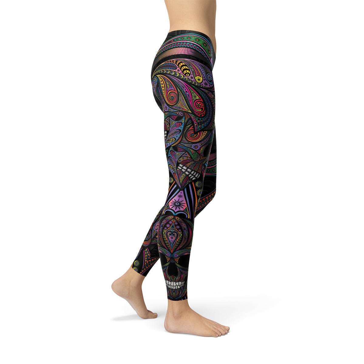 A pair of vibrant Womens Sugar Skull Leggings featuring colorful skull designs, perfect for workouts and casual wear, showcasing a unique and stylish look.