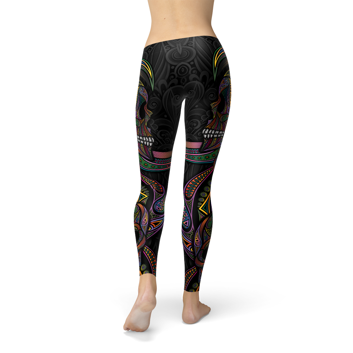 A pair of vibrant Womens Sugar Skull Leggings featuring colorful skull designs, perfect for workouts and casual wear, showcasing a unique and stylish look.