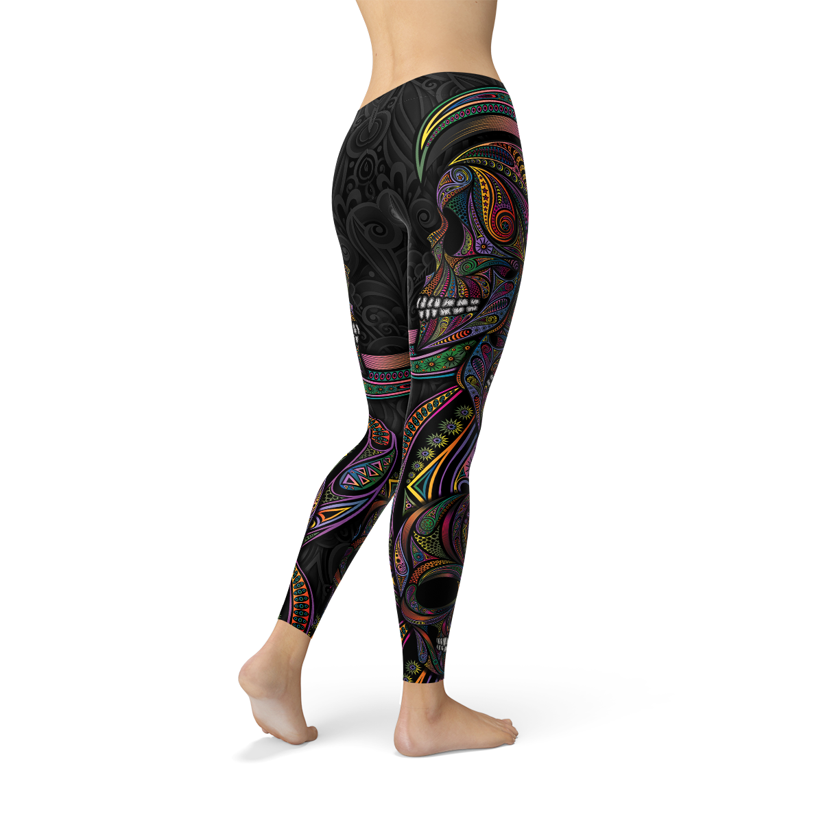 A pair of vibrant Womens Sugar Skull Leggings featuring colorful skull designs, perfect for workouts and casual wear, showcasing a unique and stylish look.