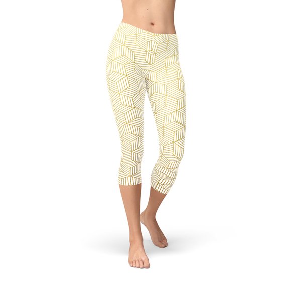 Women's White Capri Leggings featuring a unique geometric cube design, perfect for workouts and casual wear.