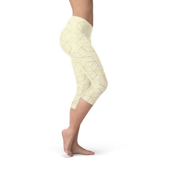 Women's White Capri Leggings featuring a unique geometric cube design, perfect for workouts and casual wear.