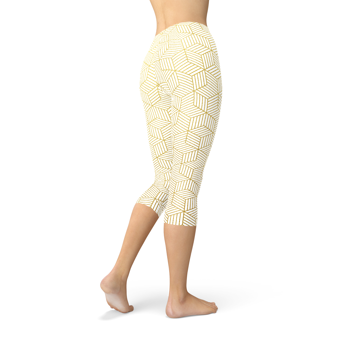 Women's White Capri Leggings featuring a unique geometric cube design, perfect for workouts and casual wear.