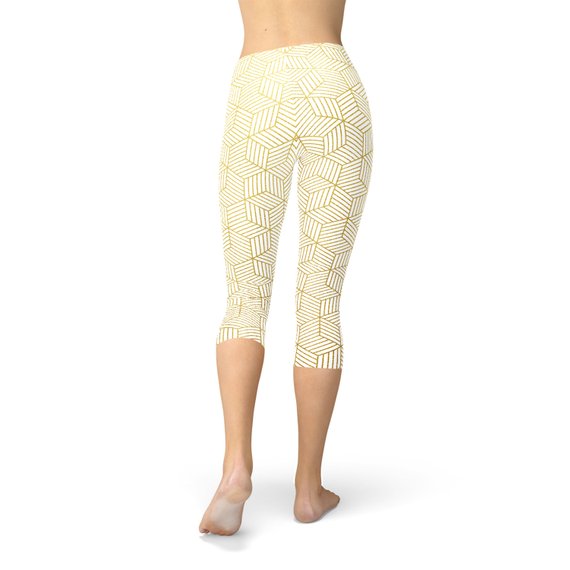 Women's White Capri Leggings featuring a unique geometric cube design, perfect for workouts and casual wear.