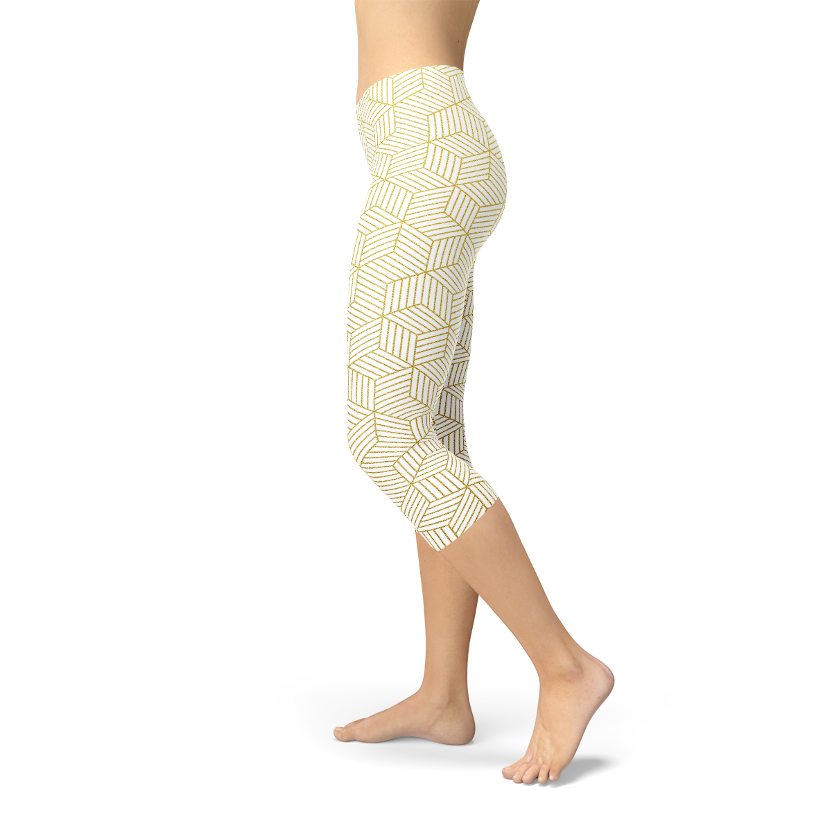 Women's White Capri Leggings featuring a unique geometric cube design, perfect for workouts and casual wear.