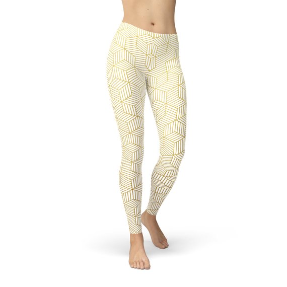 Women's white leggings featuring a unique geometric cube design, perfect for workouts and casual wear, showcasing a stylish and comfortable fit.