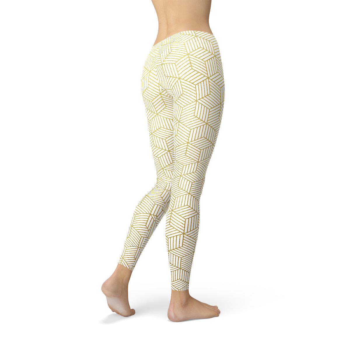 Women's white leggings featuring a unique geometric cube design, perfect for workouts and casual wear, showcasing a stylish and comfortable fit.