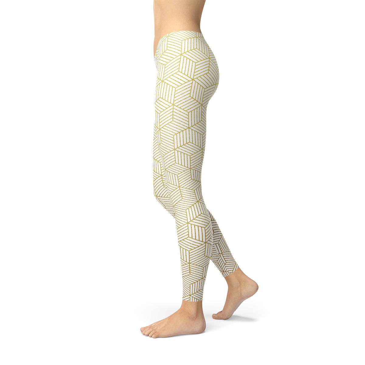 Women's white leggings featuring a unique geometric cube design, perfect for workouts and casual wear, showcasing a stylish and comfortable fit.