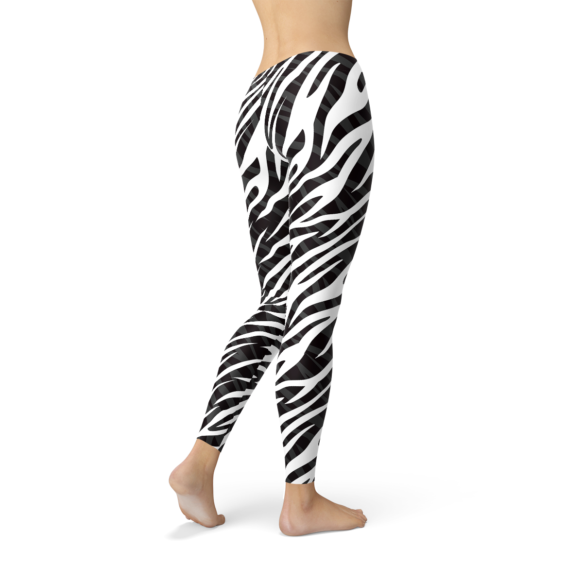 A pair of Womens Zebra Stripes Leggings featuring a bold black and white zebra print design, perfect for workouts and casual wear.