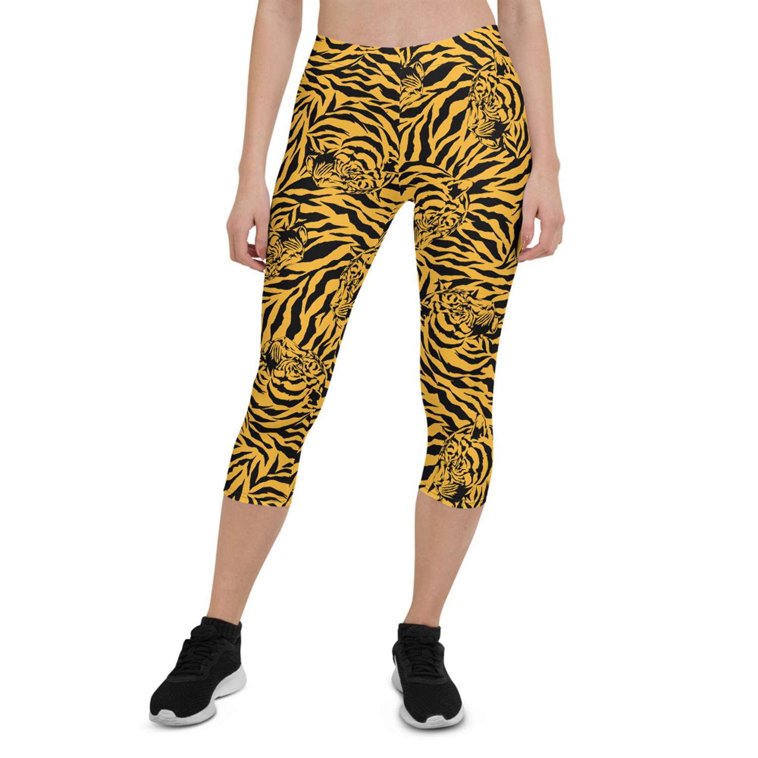 Yellow Tiger Capri Leggings for Women featuring vibrant tiger print design, perfect for workouts and casual wear.