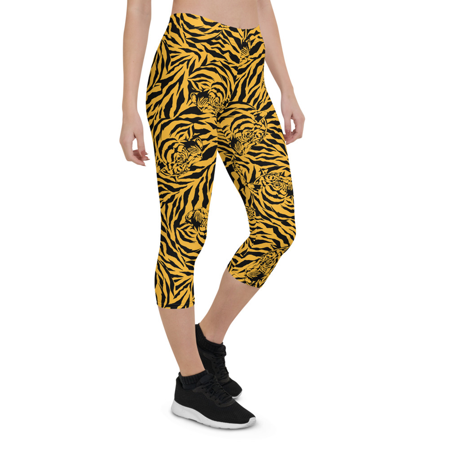 Yellow Tiger Capri Leggings for Women featuring vibrant tiger print design, perfect for workouts and casual wear.