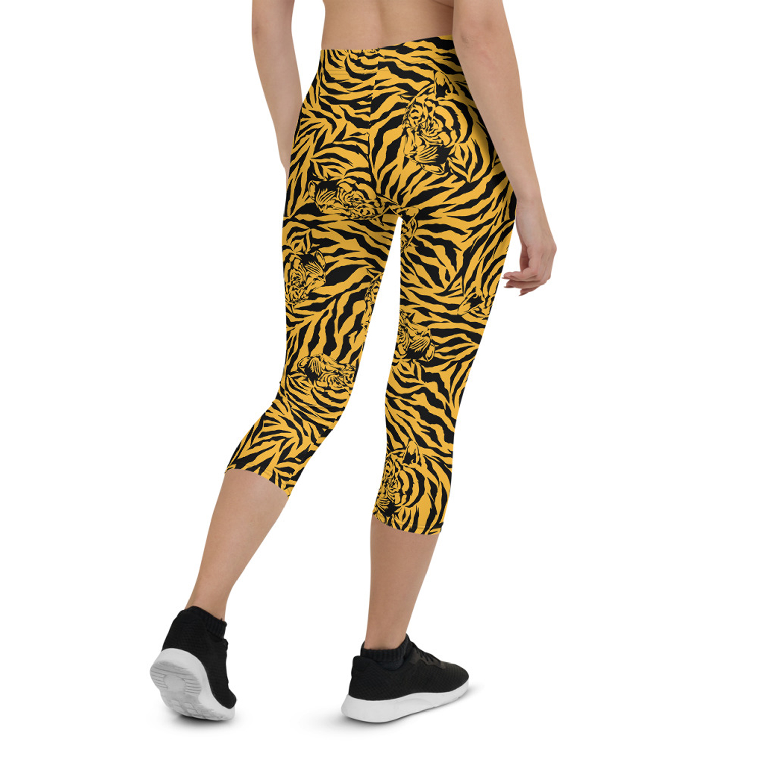 Yellow Tiger Capri Leggings for Women featuring vibrant tiger print design, perfect for workouts and casual wear.