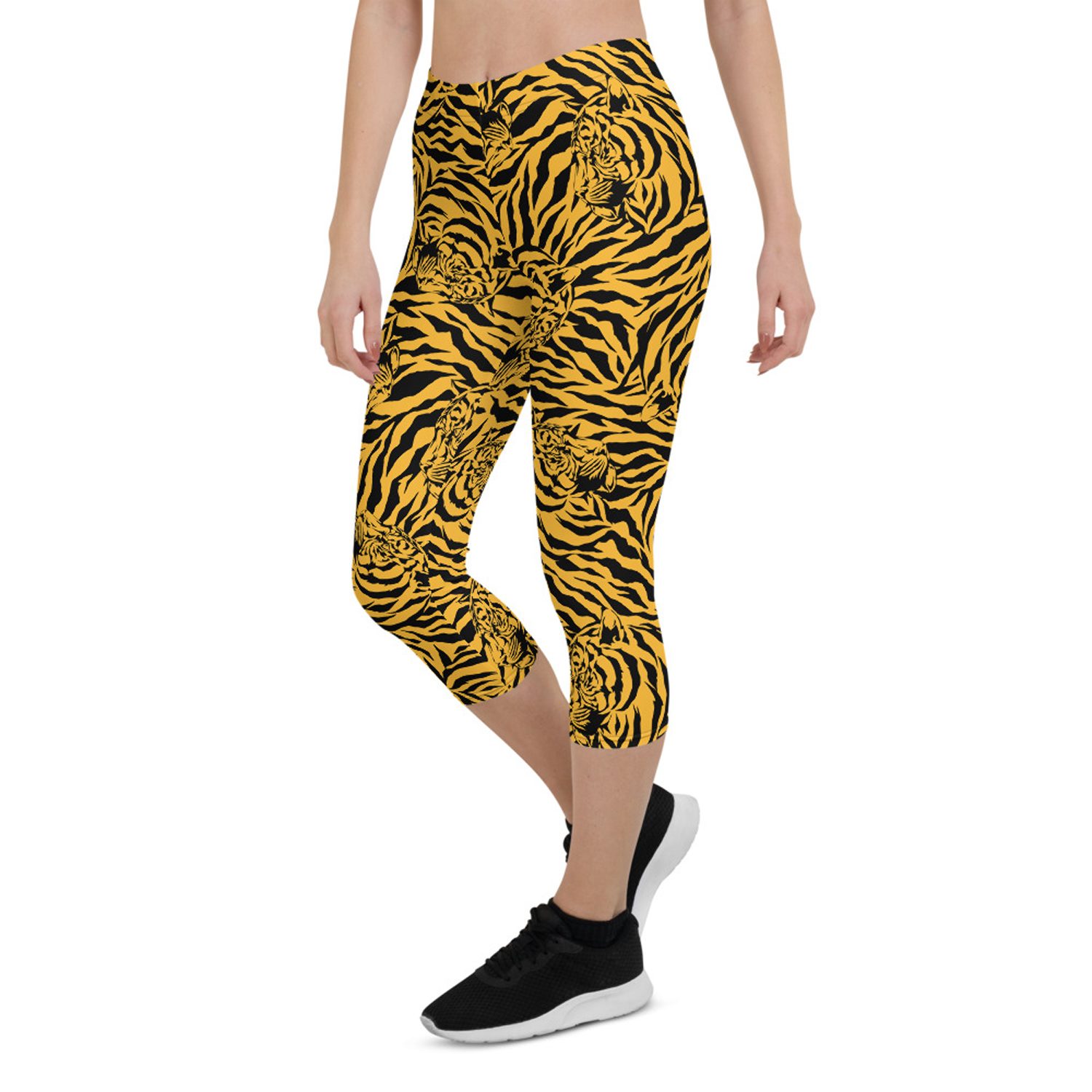 Yellow Tiger Capri Leggings for Women featuring vibrant tiger print design, perfect for workouts and casual wear.