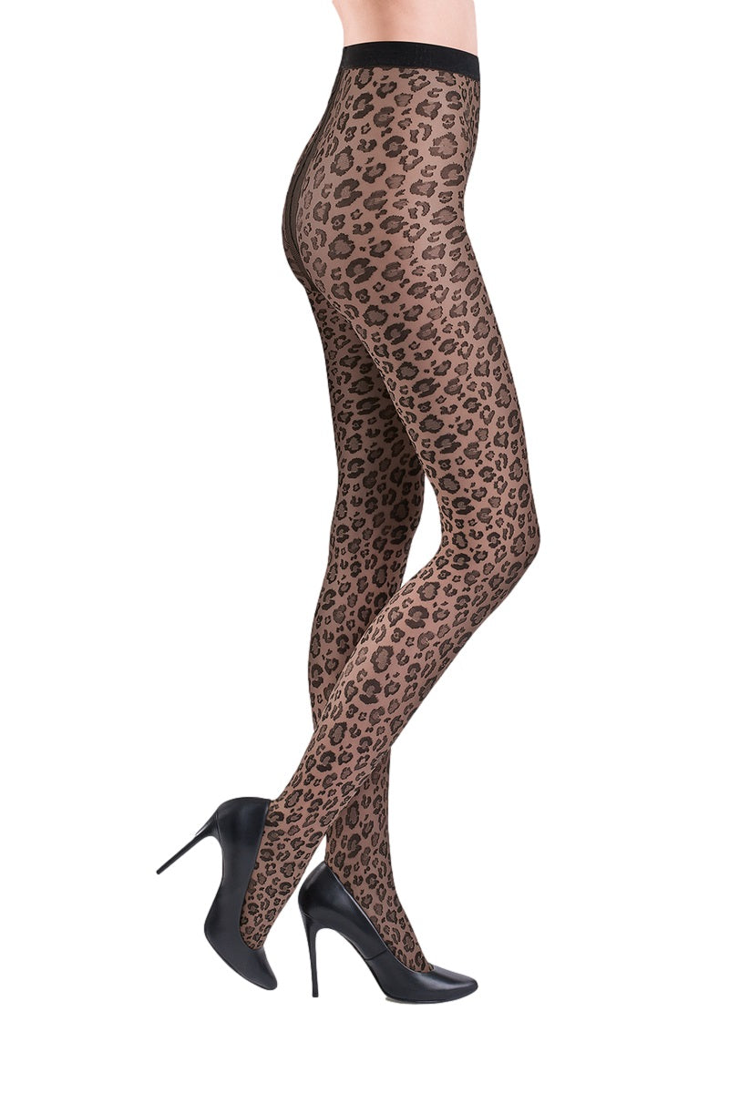 Caty 20 DEN Leopard Print Tights in black, showcasing a stylish leopard pattern and soft texture.