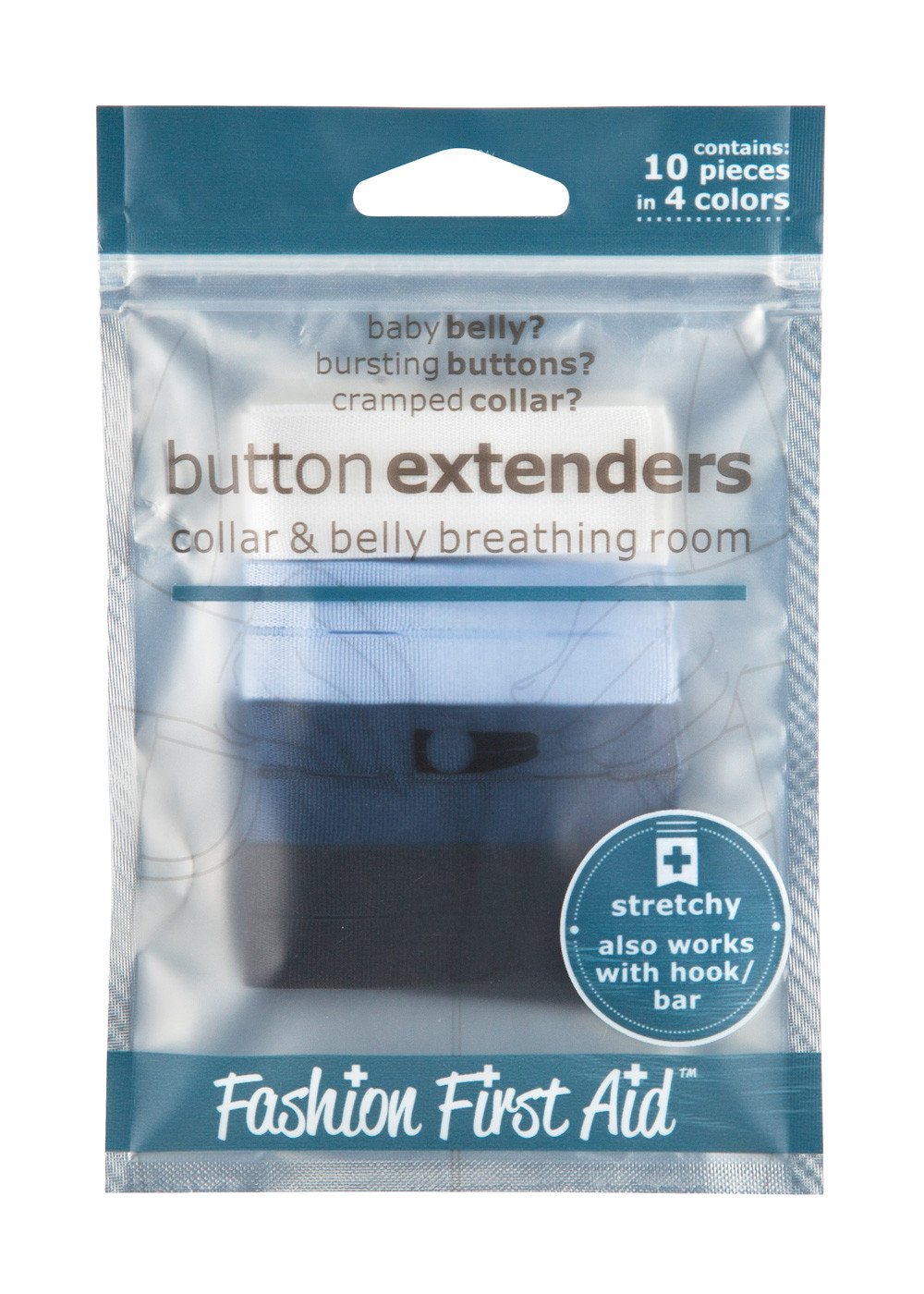 A pack of 10 colorful button extenders in black, white, dark blue, and light blue, designed for added comfort and flexibility in clothing.