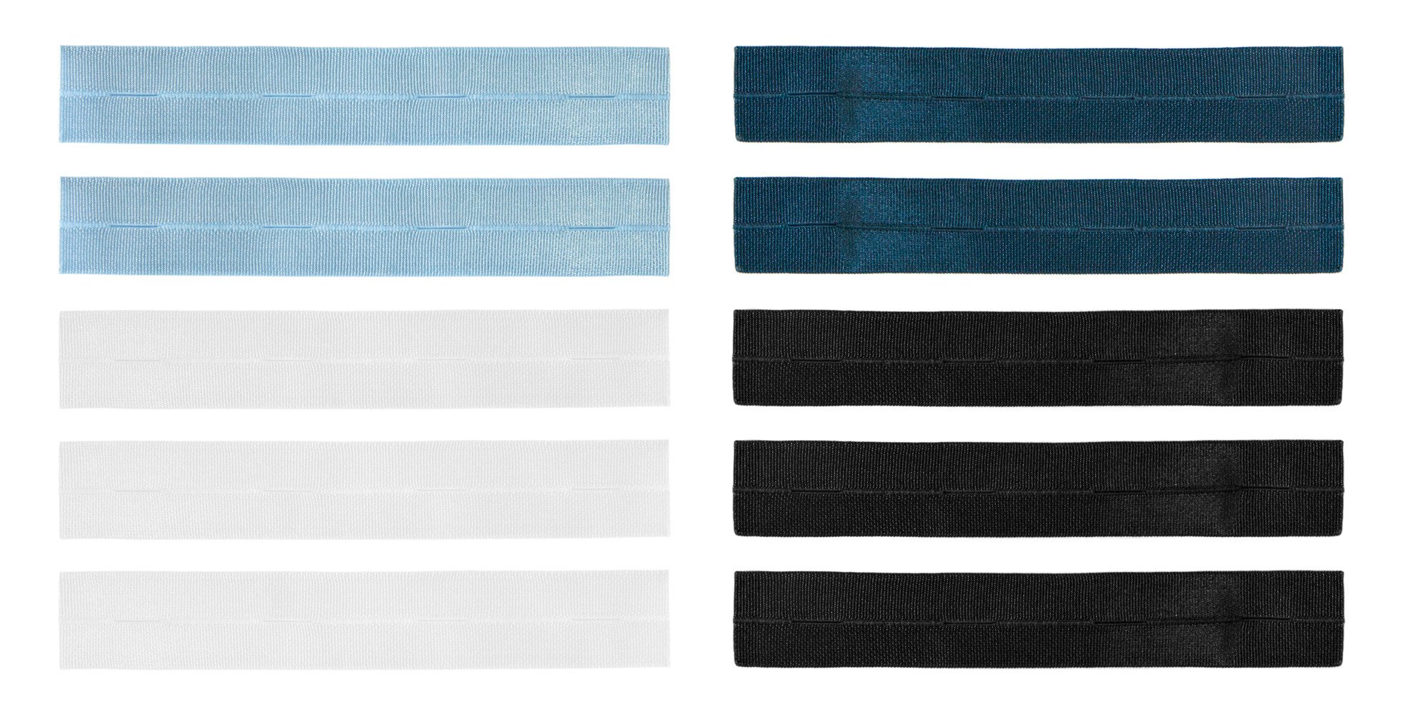 A pack of 10 colorful button extenders in black, white, dark blue, and light blue, designed for added comfort and flexibility in clothing.