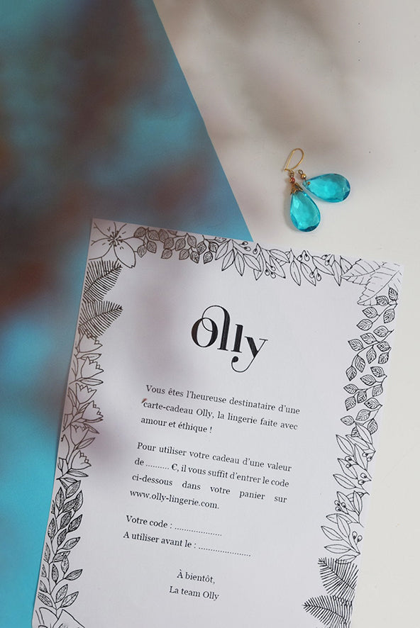 Carte-cadeau à imprimer Olly avec un design élégant, idéale pour offrir des produits Olly.