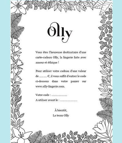 Carte-cadeau à imprimer Olly avec un design élégant, idéale pour offrir des produits Olly.