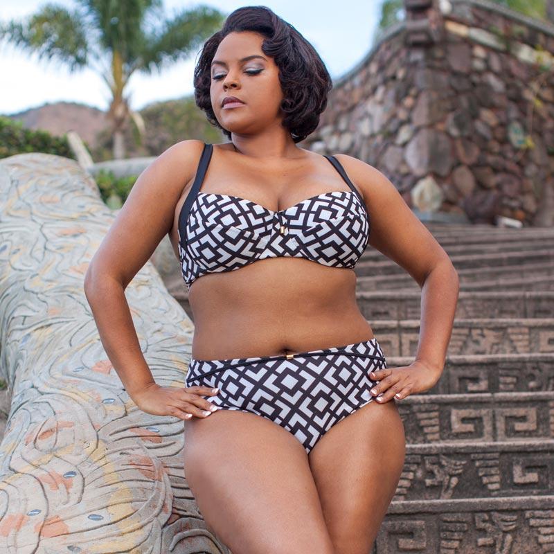 Classic Bikini Top by Lauma Swimwear featuring a geometric pattern in black and white, designed for plus size comfort and style.